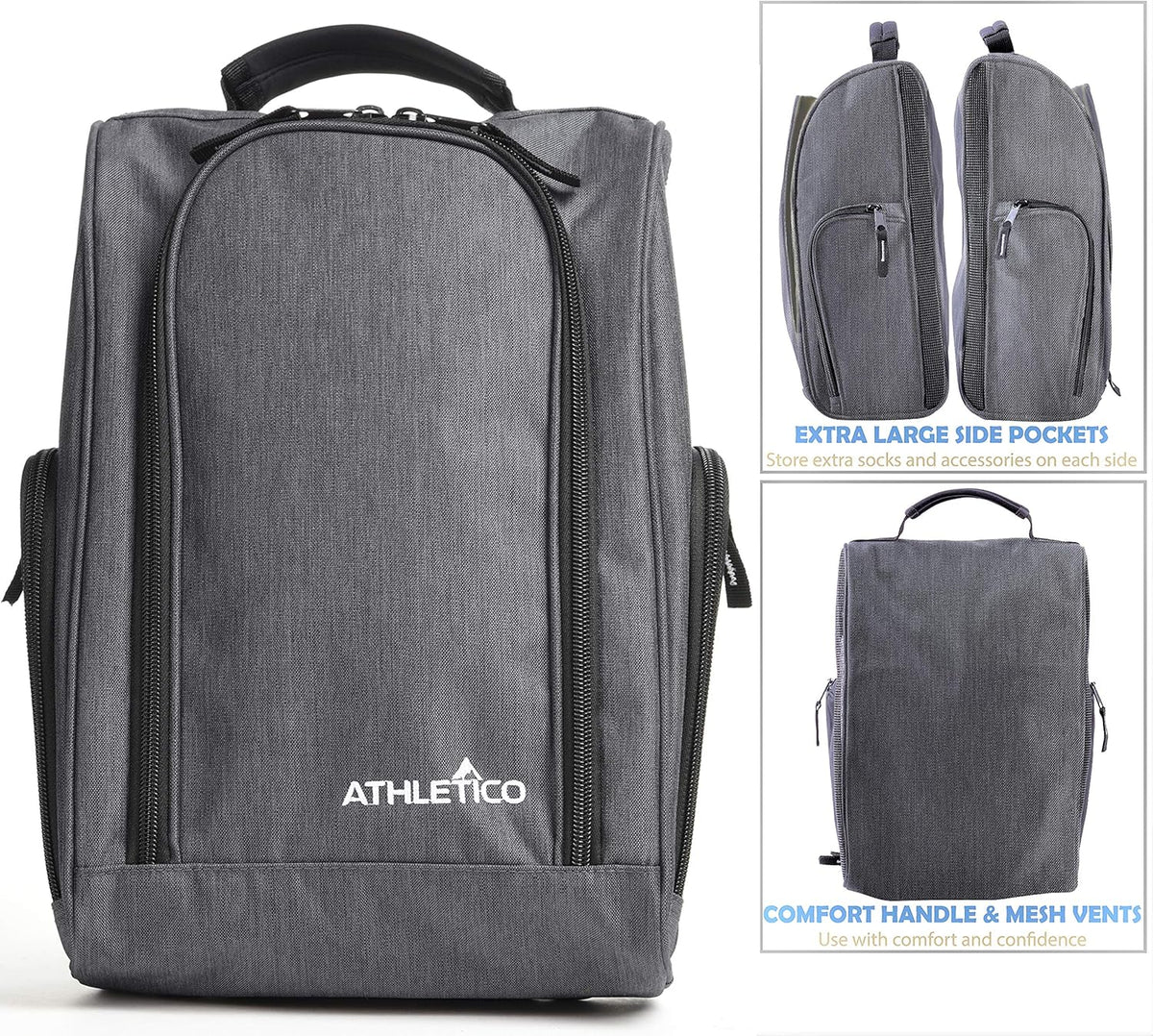 Golf Shoe Bag - Zippered Shoe Carrier Bags with Ventilation & outside Pocket for Socks, Tees, Etc. (Gray)