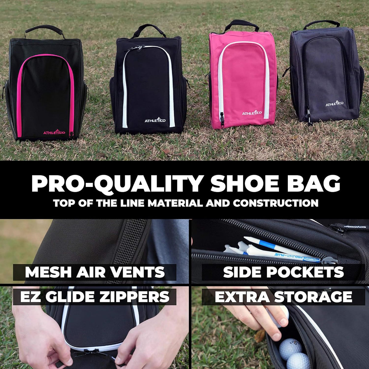 Golf Shoe Bag - Zippered Shoe Carrier Bags with Ventilation & outside Pocket for Socks, Tees, Etc. (Gray)